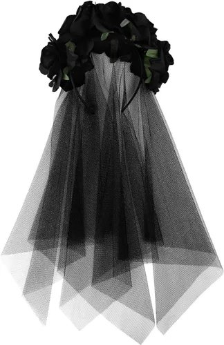 Vista 8 de HAOZAIKEJI Halloween Fantasma Novia Velo Floral Corona Tocado Muerto Zombie Headwear Bruja Negro Encaje Corona Fiesta Fantasía