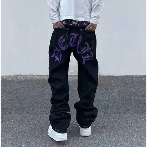 Vista 3 de American Vintage - Pantalones de mezclilla para hombre, estilo gótico, con estampado de letras en contraste, holgados, de pierna ancha, casuales