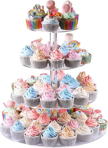 Vista 5 de AMEITECH Soporte para cupcakes, soporte redondo de 4 niveles para cupcakes, torre de postres, soporte de pastelería para bodas, cumpleaños, fiestas