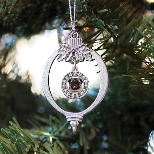Vista 3 de Inspired Silver - Adorno con dije de cara de carlino - Adornos navideños de círculo de plata con joyas de circonita cúbica