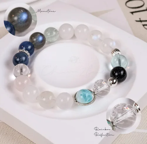 Vista 186 de Precious Gemstone Natural Crystal Healing Bracelet, Rutilated Quartz, Moonstone, Quartz Handmade Original Design Bracelet
