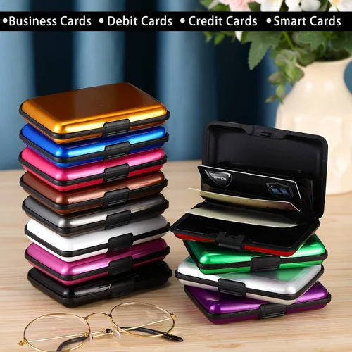 Vista 4 de 12 piezas de bloqueo RFID para tarjetas de crédito, mini cartera delgada de aluminio de metal, protector de tarjeta de crédito, funda rígida