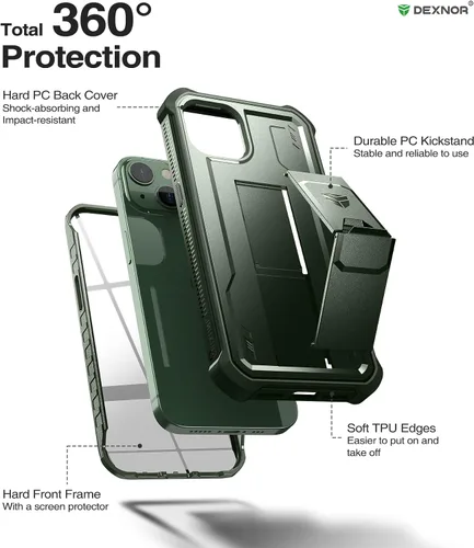Vista 5 de Dexnor Funda para iPhone 14 para iPhone 13 de 6.1 pulgadas, [protector de pantalla y soporte integrados] Protección de grado militar resistente a