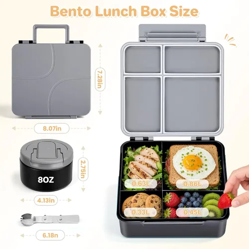 Vista 6 de Lonchera Bento para Niños con Termo para Sopa de 8oz, Contenedores de Comida para Almuerzo Impermeables para Niños con 4 Compartimentos, Tarro