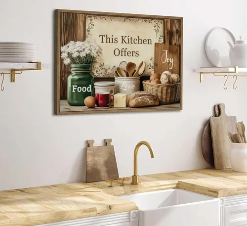 Vista 8 de Arte de pared de cocina campestre, naturaleza muerta en lienzo, estilo rústico vintage, granja. Esta cocina ofrece amor y alegría por la comida.