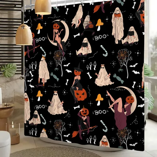 Vista 15 de Cortina de ducha divertida de Halloween, espeluznante y bonita, fantasma, calabazas, murciélagos, cortina de baño para niños, decoración