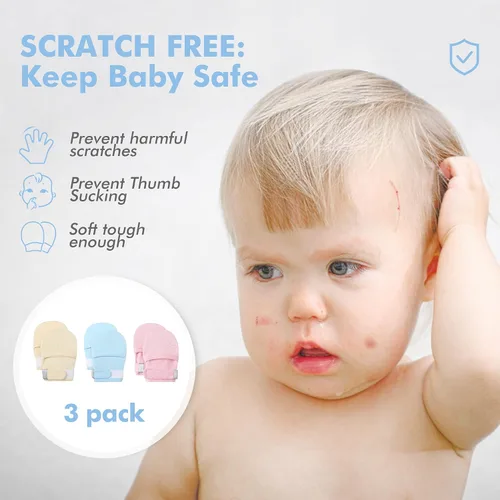 Vista 2 de HAPIU Manoplas para bebé que no se rayan, 100% algodón transpirable, guantes ajustables para niños y niñas, recién nacidos, 12 M