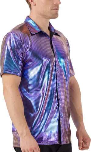 Vista 2 de WULFUL Camisa de discoteca para hombre con lentejuelas de manga corta con botones, camisas de vestir para fiesta de los años 70