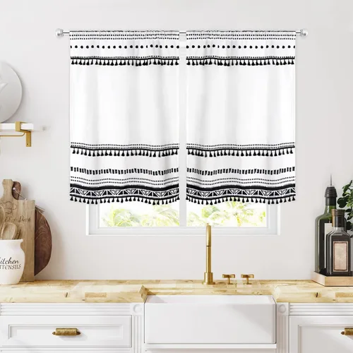 Vista 8 de MESHELLY Boho Kitchen Curtains 27.5Wx39H Inch Rod Pocket Black and White Modern Abstract Minimalist Geometric Tassels Chic Bedroom Window Drapes