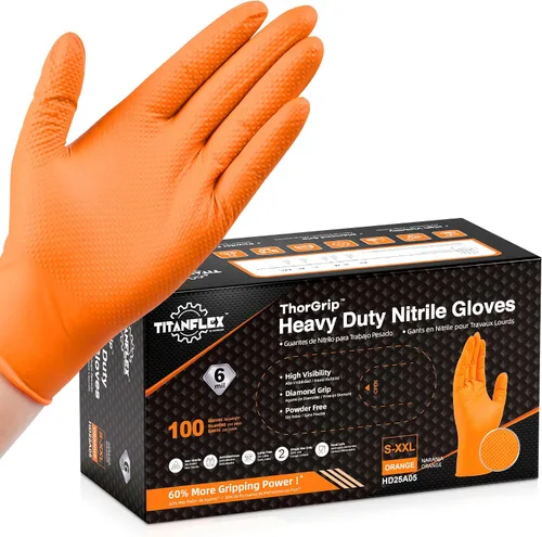Vista 10 de TitanFlex Heavy Duty Orange Industrial Nitrile Gloves with Raised Diamond Texture, Latex Free (6mil/8mil)