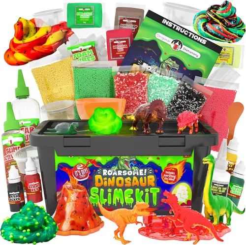 Vista 9 de Original Stationery Kit de slime de galaxia de dinosaurios para niños de 7 a 12 años, juego de slime DIY que brilla en la oscuridad con purpurina