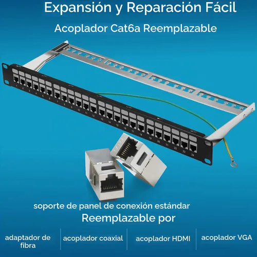 Vista 3 de Rapink Panel de conexión de 24 puertos Cat6A con soporte Keystone 10G en línea, panel de conexión acoplador blindado STP de 19 pulgadas con barra