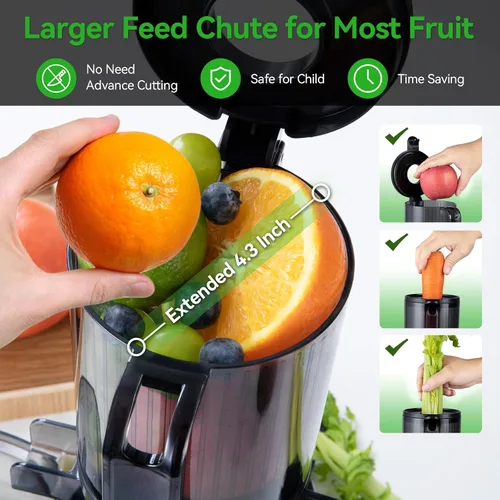 Vista 3 de Máquinas exprimidoras, exprimidor de prensa en frío con canal de alimentación grande de 4.3 pulgadas para frutas y verduras enteras, máquina Negro