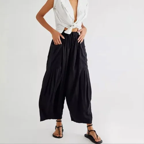 Vista 3 de Quinn - Pantalones de lino para mujer, talla grande, de pierna ancha, con bolsillos, holgados, hippie, harén, bohemios, para playa