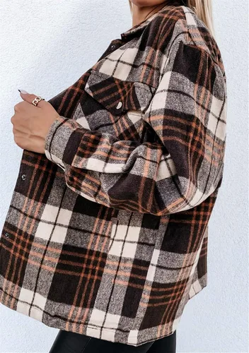Vista 4 de Camisa de franela a cuadros para mujer, con botones, bolsillo a cuadros, casual, de manga larga Marrón