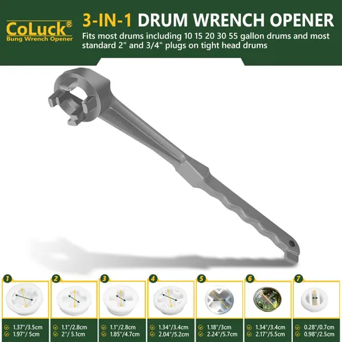 Vista 5 de Llave Bung, llave de tambor 3 en 1 actualizada, herramienta de abridor de barril de aluminio para abrir tambor de 10, 15, 20, 30, 55 galones, se