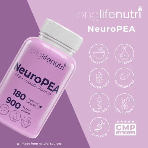 Vista 7 de LongLifeNutri NeuroPEA (Palmitoiletanolamida + luteolina 800 mg/100 mg) - Suplemento orgánico para el rendimiento nervioso, 180 cápsulas