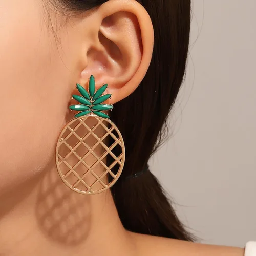 Vista 2 de Divertidos aretes de gota de piña para mujeres, adolescentes y niñas, hipoalergénicos, huecos, de fruta dulce, regalos de joyería de verano