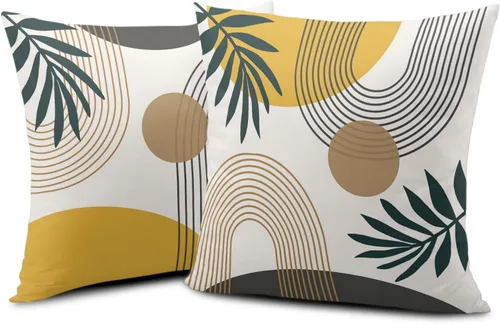 Vista 2 de Juego de 2 fundas de almohada abstractas bohemias de 16 x 16 pulgadas, modernas fundas de almohada de mediados de siglo, diseño de hojas verdes