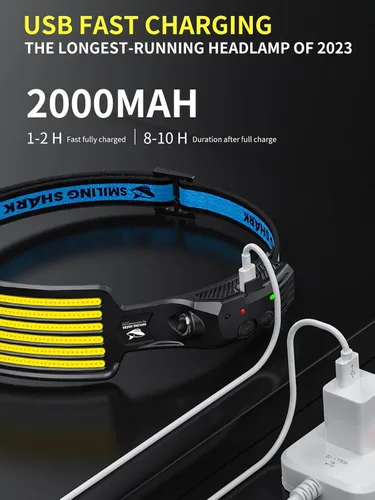 Vista 5 de Smiling Shark Linterna frontal recargable, paquete de 2 unidades, ángulo amplio, 6 luces blancas, la lámpara de cabeza LED más brillante con sensor