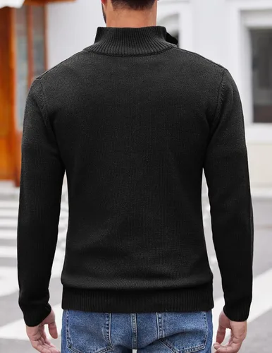 Vista 3 de COOFANDY Suéter de cuello alto Henley de punto trenzado para hombre