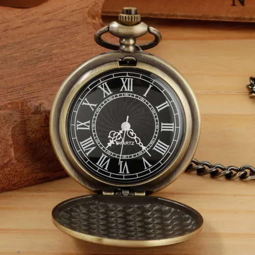 Vista 4 de Reloj de bolsillo de cuarzo para hombre, esfera digital romana negra con cadena, Marrón, Retro