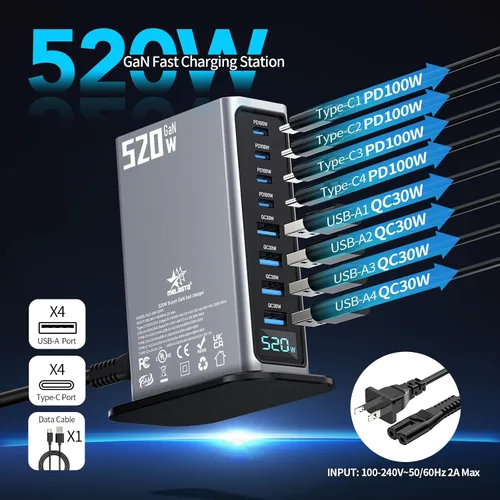 Vista 2 de Estación de carga USB-C de 520 W y 8 puertos - 4 x 100 W PD + 4 × 30 W Fast charger block for laptop, phone, tablet. 4 USB-C PD ports and 4 USB-A