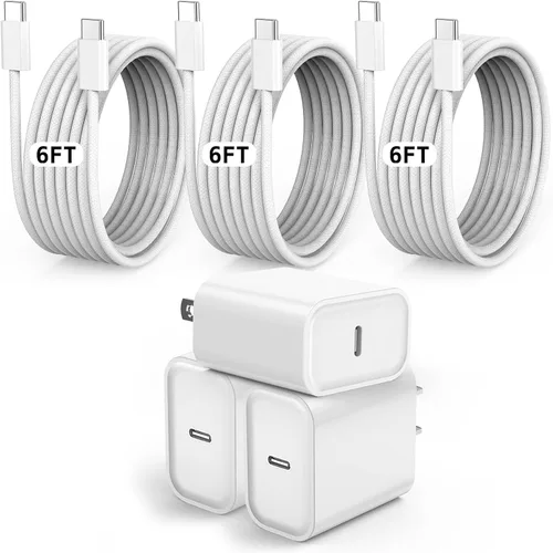 Vista 9 de Paquete de 3 cargadores USB C para iPhone 17 de carga rápida, cargador de pared de puerto tipo C de 20 W con cable trenzado USB C a C, compatible