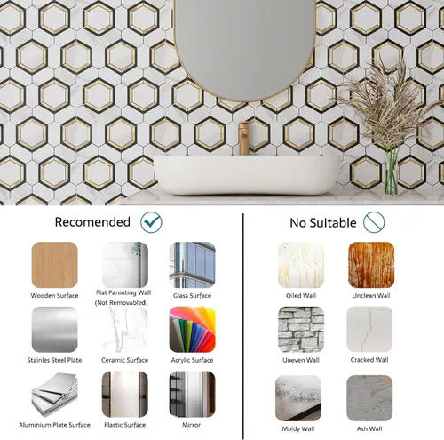 Vista 7 de Azulejos hexagonales para salpicaduras de pelar y pegar, mármol blanco con oro, PVC mezclado de metal de 10 hojas, azulejos hexagonales para cocina