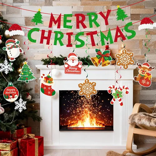 Vista 8 de jijAcraft 38 carteles de decoración navideña de Feliz Navidad, remolino colgante premontado, decoraciones de Navidad para interiores, decoración
