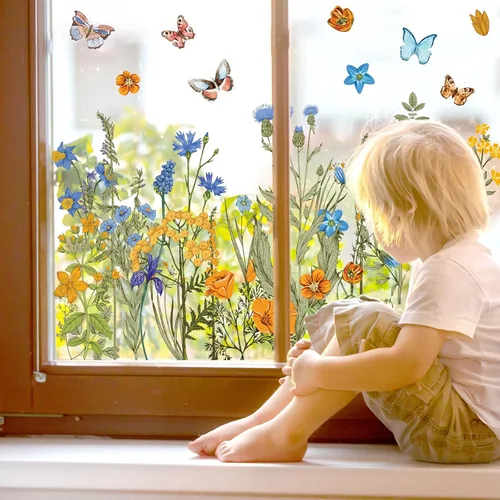 Vista 4 de Whaline 6 Hojas de Calcomanías de Ventana de Flores Silvestres de Verano Vintage Azul Naranja Acuarela de Doble Cara Reutilizables Florales