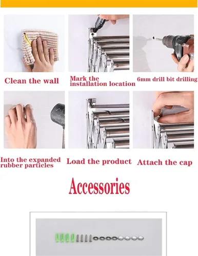 Vista 6 de Estante de secado de ropa plegable para ropa para colgar en la pared, ahorrador de espacio, de acero inoxidable, ajustable, para interiores