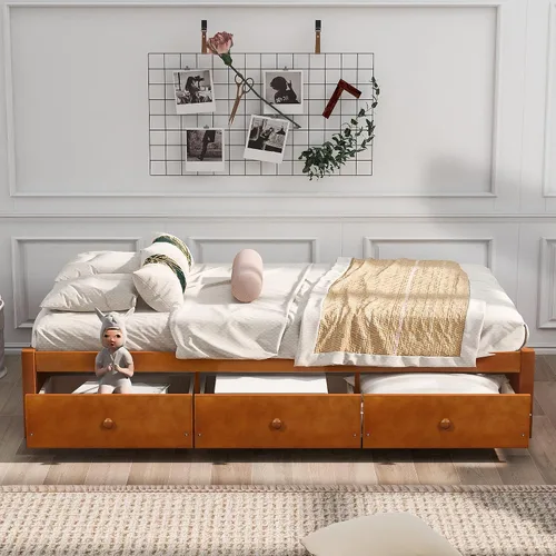 Vista 3 de SOFTSEA Base de cama de plataforma de madera de tamaño individual con 2 cajones de almacenamiento, cama de plataforma individual con soporte