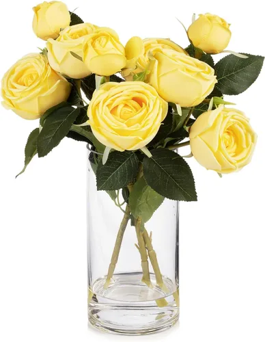 Vista 8 de ENOVA FLORAL 9 cabezas de rosas artificiales de seda en jarrón, arreglo de rosas sintéticas en jarrón con agua sintética para centros de mesa Champán
