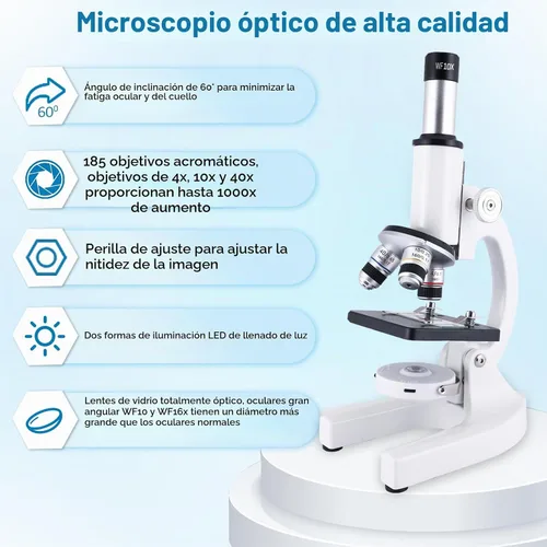 Vista 5 de Microscopio para niños y adultos, microscopio 40X-2000X con adaptador para teléfono y juego de diapositivas, adecuado para laboratorio escolar