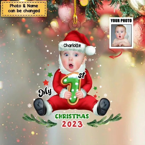 Vista 5 de Adorno acrílico personalizado de la foto Baby Onesie My First Christmas, Adorno de imagen de la primera Navidad del bebé 2023, adorno de Navidad