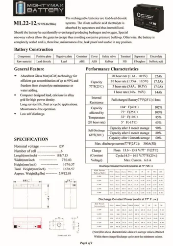 Vista 6 de Mighty Max Battery ML22-12 - Batería SLA de 12 voltios y 22 Ah - Paquete de 4