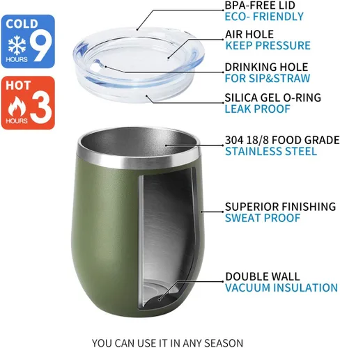 Vista 4 de HASLE OUTFITTERS Vaso de vino de 12 onzas con tapa, copas de vino sin tallo, tazas de viaje al vacío de doble pared, taza de café de acero Acero