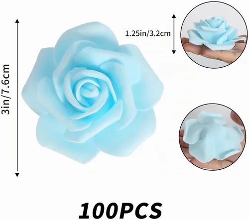 Vista 6 de 100 PCS Rosas de Espuma Azul Bebé Flores Artificiales Flores de Espuma Azul a Granel Sin Tallo Rosas Falsas para Bricolaje Centros de Mesa de Boda
