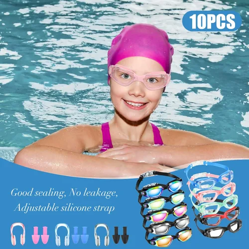 Vista 7 de Konohan Paquete de 10 gafas de natación a granel para niños y adultos, gafas de piscina antivaho de silicona sin fugas, gafas de natación