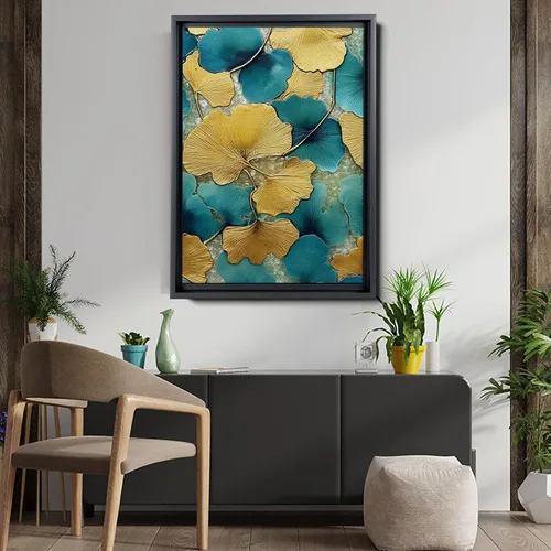 Vista 5 de Gold Turquoise Ginkgo Leaf Print, Captivating Plants Wall Art, Ginkgo Biloba Leaf Print Painting, Embrace the Serenity of Nature