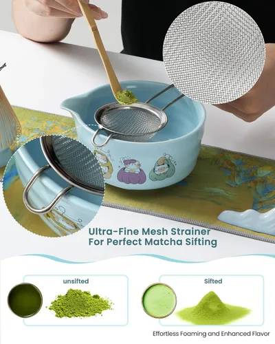 Vista 5 de Juego de batidor de matcha, 18 onzas, 7 piezas, kit de matcha japonés, incluye cuenco de matcha con boquilla, batidor de bambú, soporte de Chasen