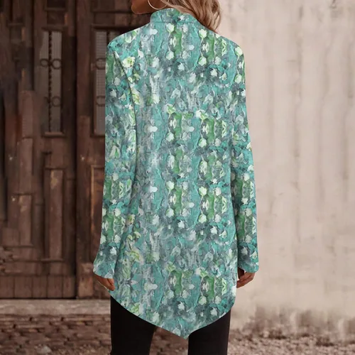 Vista 3 de Camisetas de manga larga para mujer, estilo casual, cuello alto, dobladillo irregular, holgadas, con estampado floral