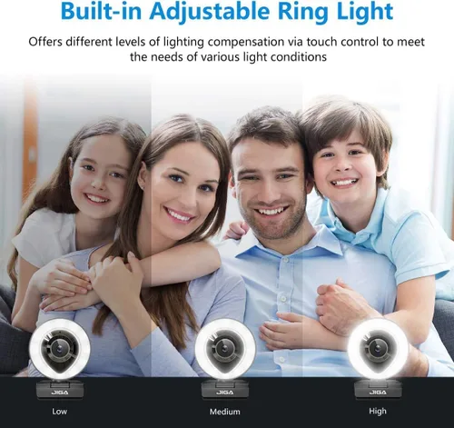 Vista 5 de Cámara web para computadora 1080P con micrófono doble, luz derecha ajustable, cámara web para PC, enfoque automático avanzado con trípode, cámara