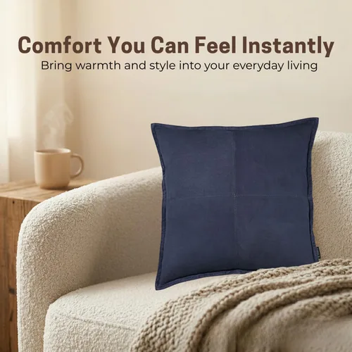 Vista 4 de Lambskin Leather Suede Pillow Cover - Decorative Sofa Cushion Case - Throw Covers for Living Room & Bedroom, 22" x 22" - Blue Box Pack of 2