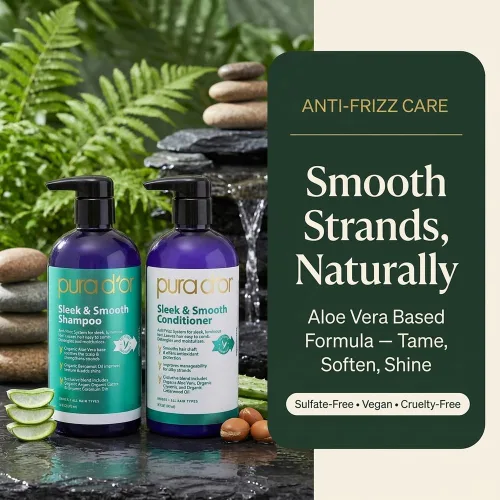 Vista 8 de PURA D'OR Elegante y suave juego de champú y acondicionador para cabello liso sin encrespamiento y sedoso, infundido con aloe vera orgánico, aceite
