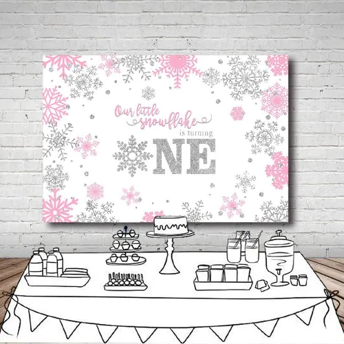 Vista 5 de MEHOFOND Telón de fondo de fotografía de invierno para niña, diseño de copo de nieve dulce y pequeño, feliz primer cumpleaños, rosa, plateado