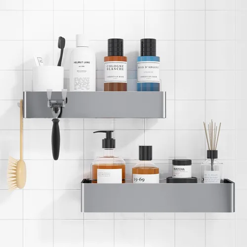 Vista 13 de Kitsure Organizador de ducha – Paquete de 2 organizadores de ducha adhesivos, estantes de metal inoxidables, organizadores de baño sin taladrar