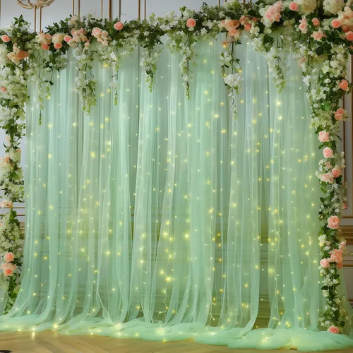 Vista 17 de Cortina de telón de fondo de tul azul bebé de 10 x 8 pies con cadena de luces para fiestas, cortinas de fondo transparentes para bodas, baby shower