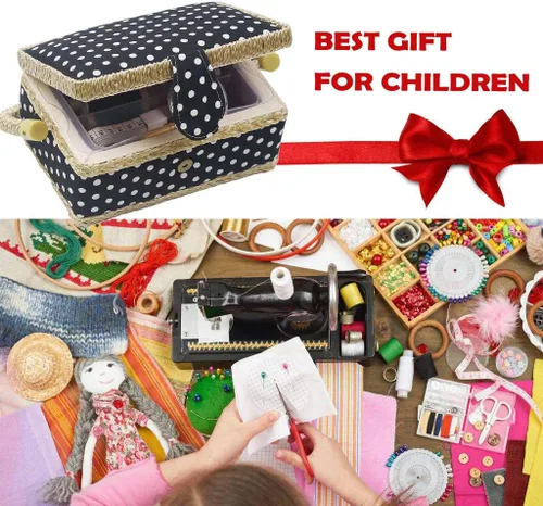 Vista 6 de Cesta de coser con kit de costura. Pequeña caja de costura organizadora con mini kits de costura para niños, principiantes y regalo, Negro